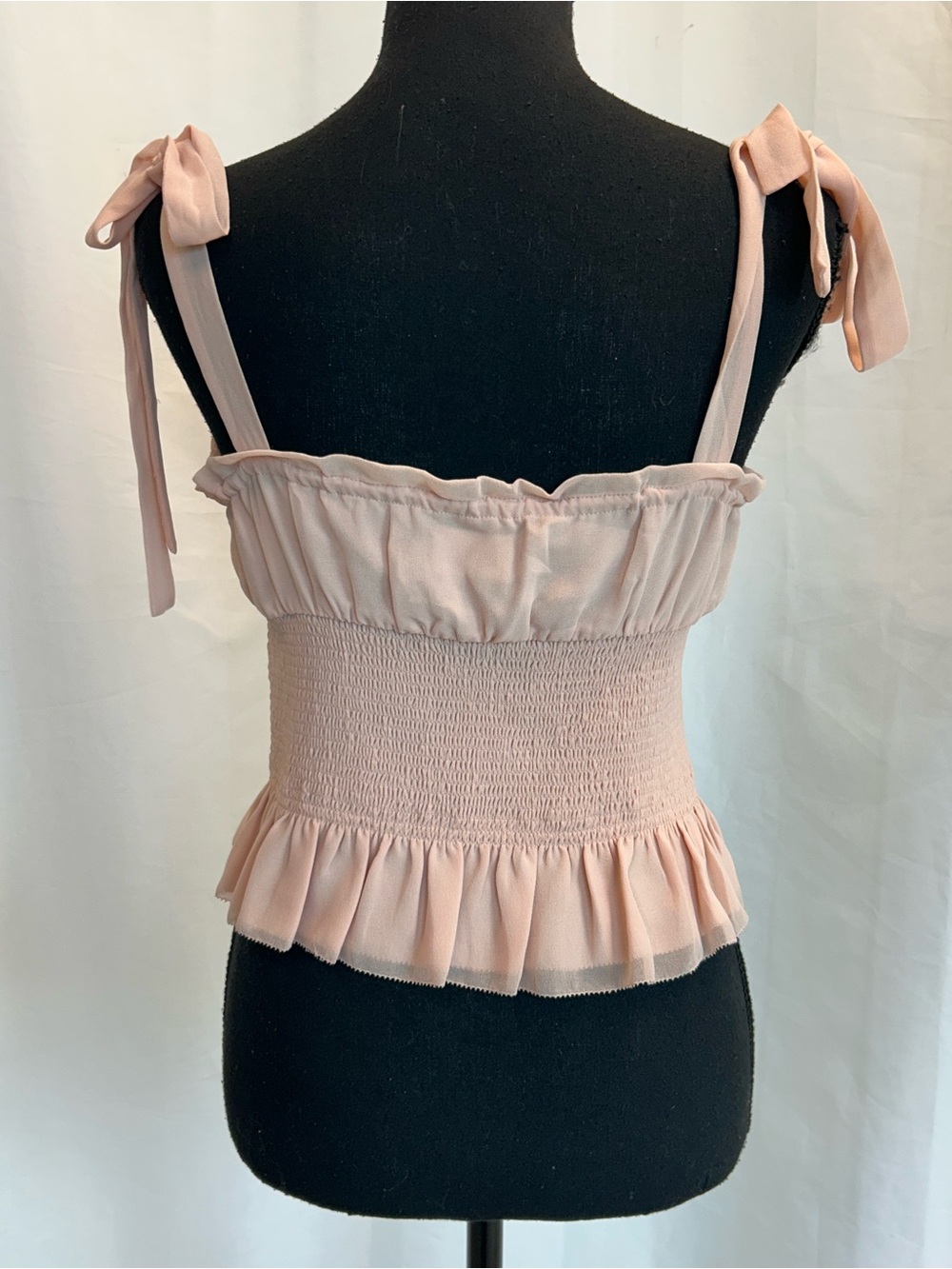 Aritzia Wilfred Blush Pink Smocked Tie-Shoulder Peplum Top Romantic Sz M - Picture 6 of 14
